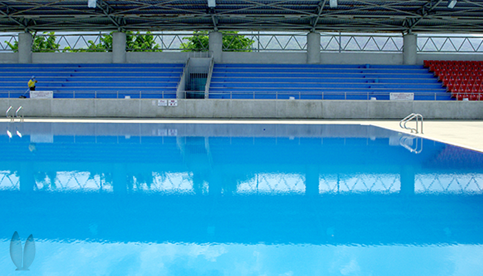 An empty competitive swimming pool.