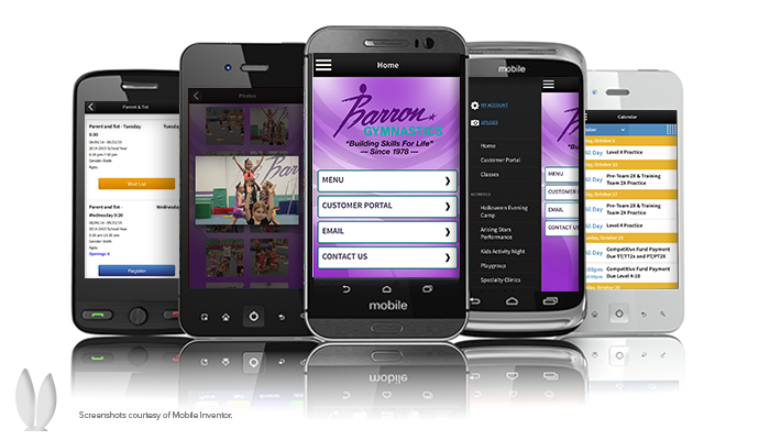 Barron Gymnastics mobile app features on a phone