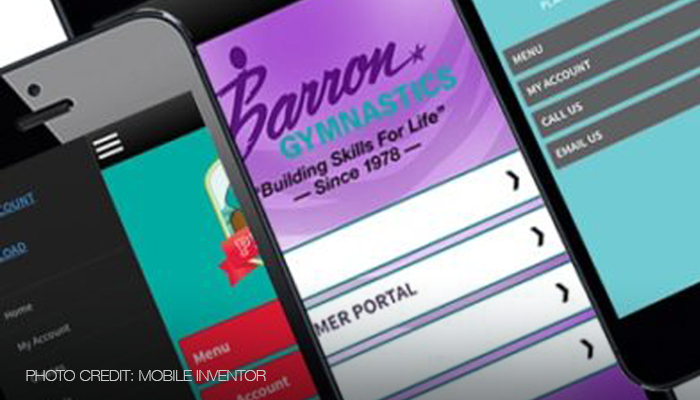 Barron Gymnastics app on a smartphone.