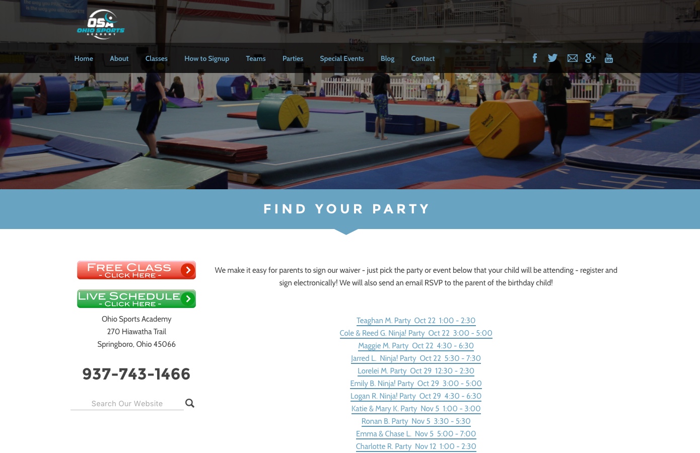 OSA Ohio Sports Find Your Party page.