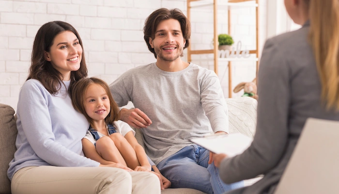 family talking in office