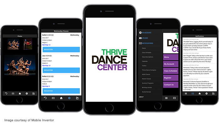 Thrive Dance Center app features on a phone.