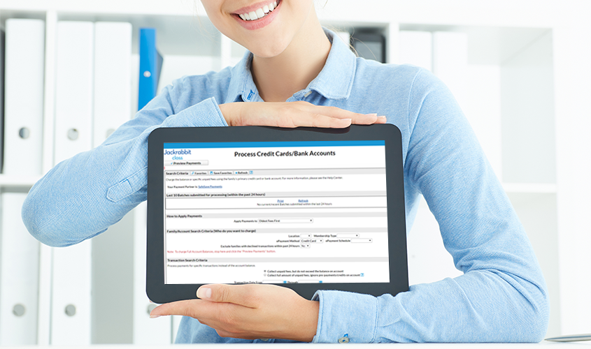 Jackrabbit Class can store you credit card or bank about information safely with Credit Card and Bank Account automated processing.