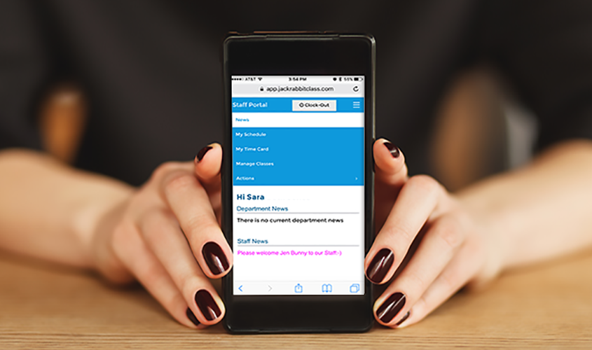 The jackrabbit Class Staff Portal app on a smartphone.