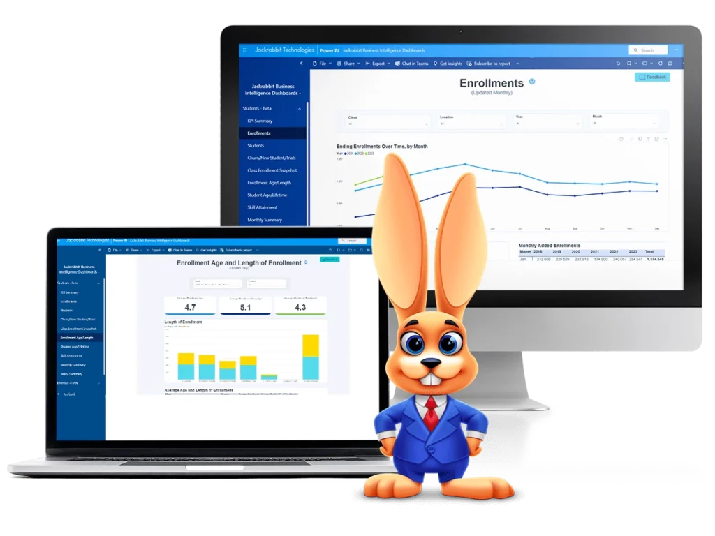 Business Intelligence Dashboard enrollments and reports screens