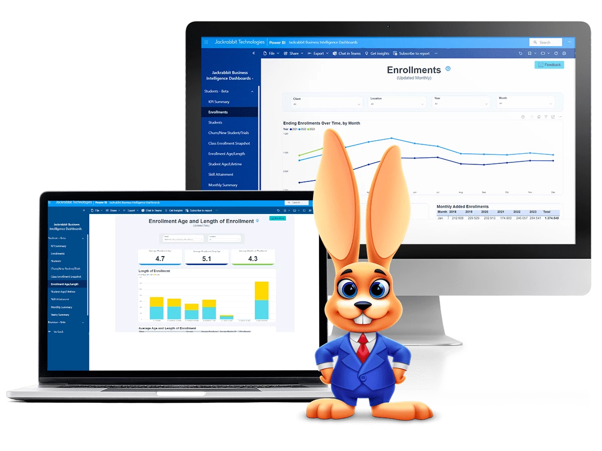 Business Intelligence Dashboard enrollments and reports screens