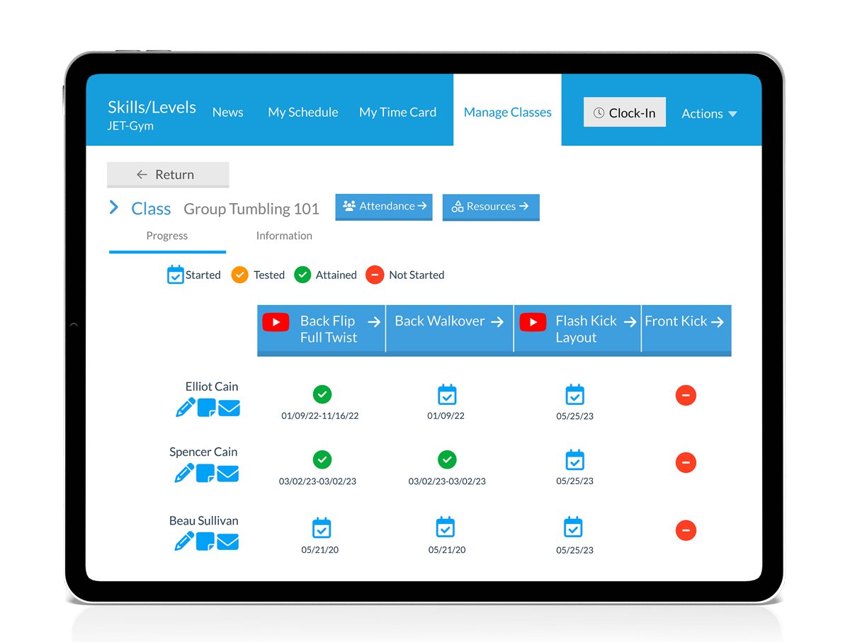 Manage classes and skill levels in Jackrabbit Class ipad