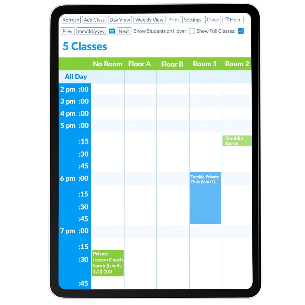 private lessons class calendar screen tablet