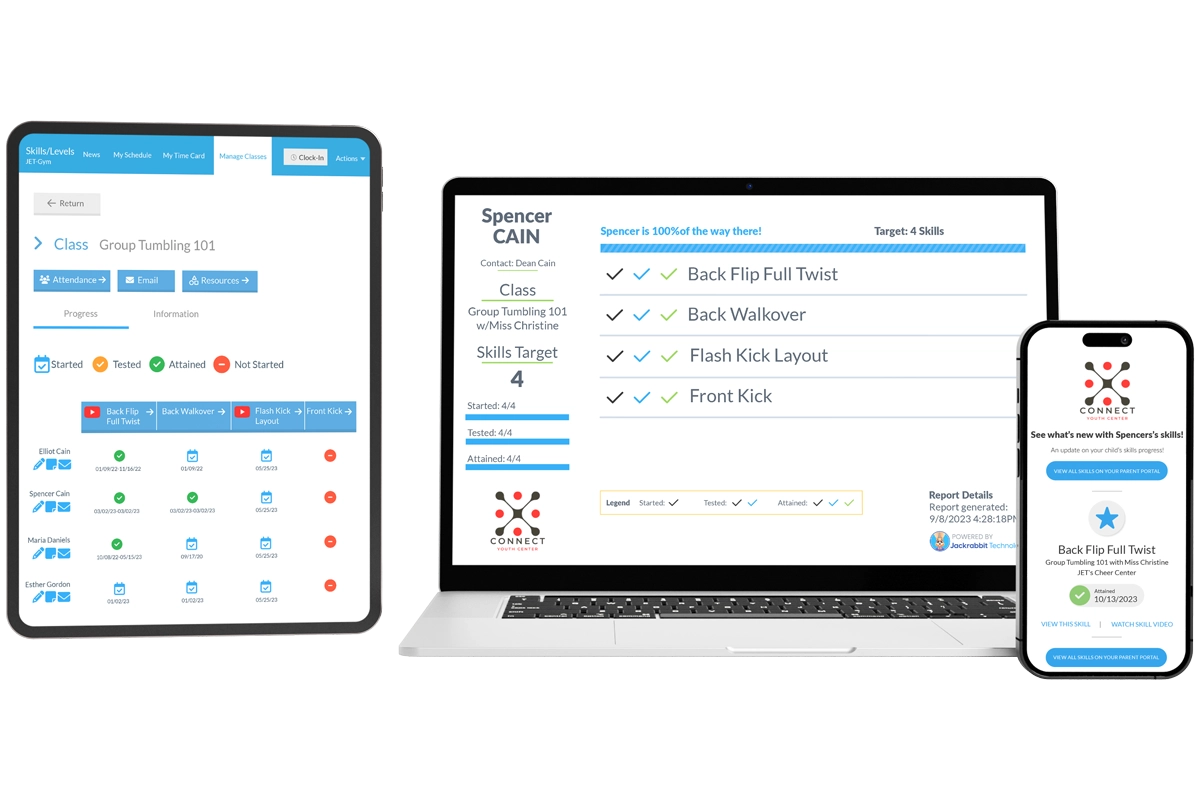 group tumbling student skill tracking tablet screen, skill accomplishments laptop, skill upgrade mobile