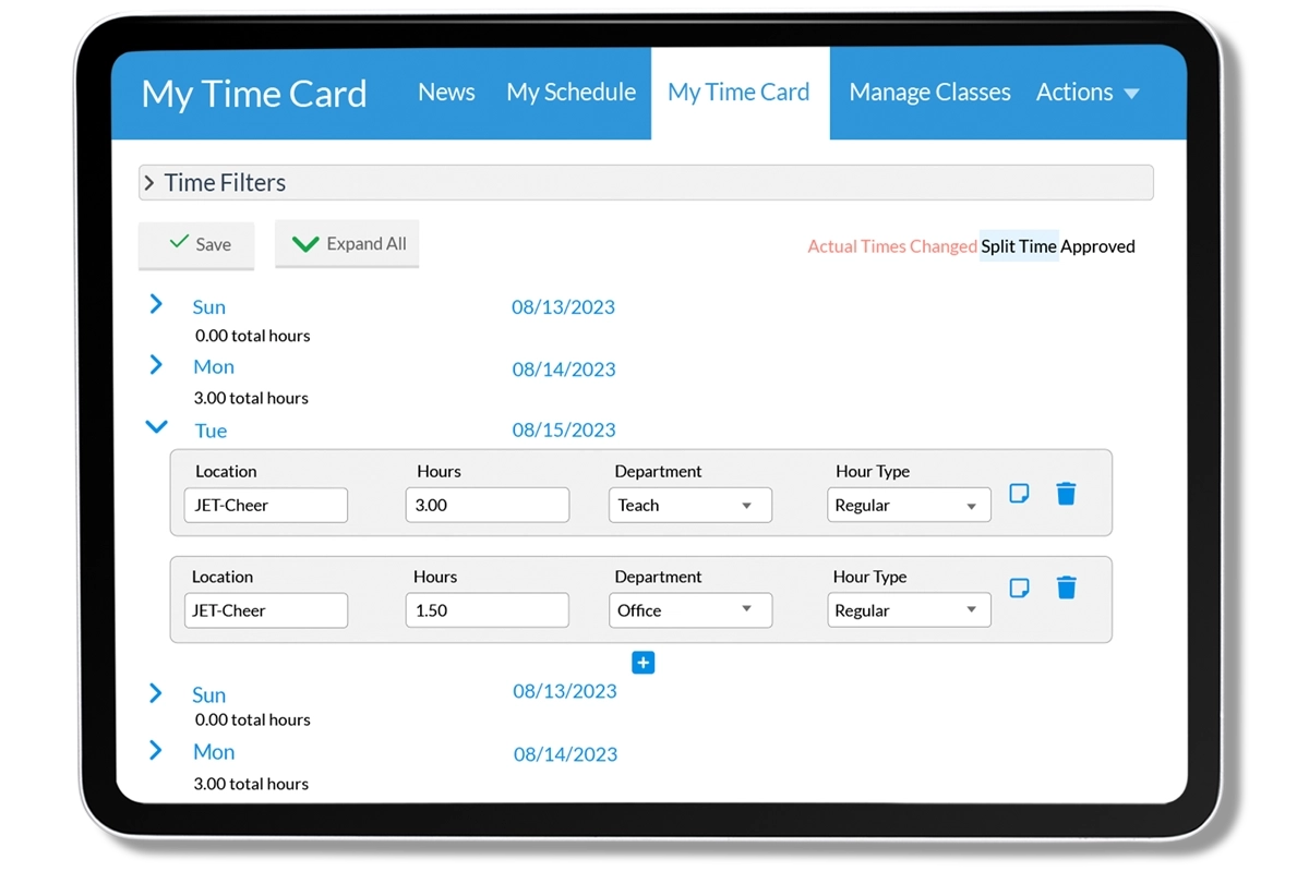 staff time card entry screen tablet