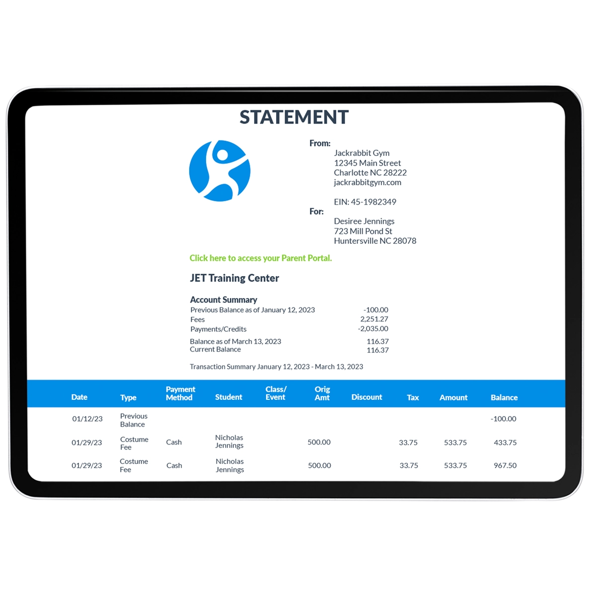payment received statement tablet