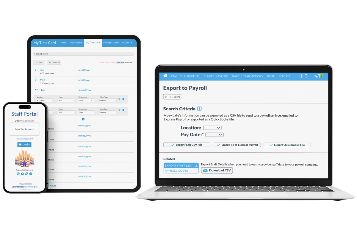 staff portal mobile, staff time card screen tablet, payroll screen laptop