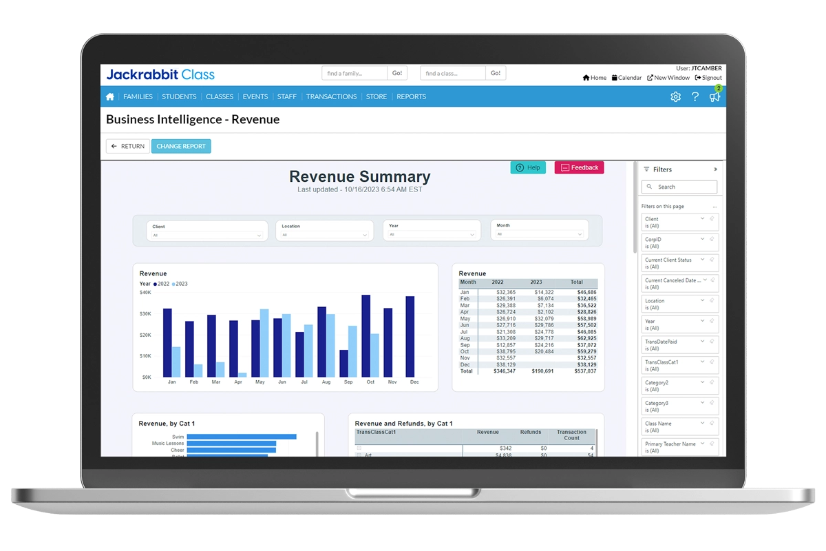 Jackrabbit Class revenue summary in business intelligence dashboard laptop screen