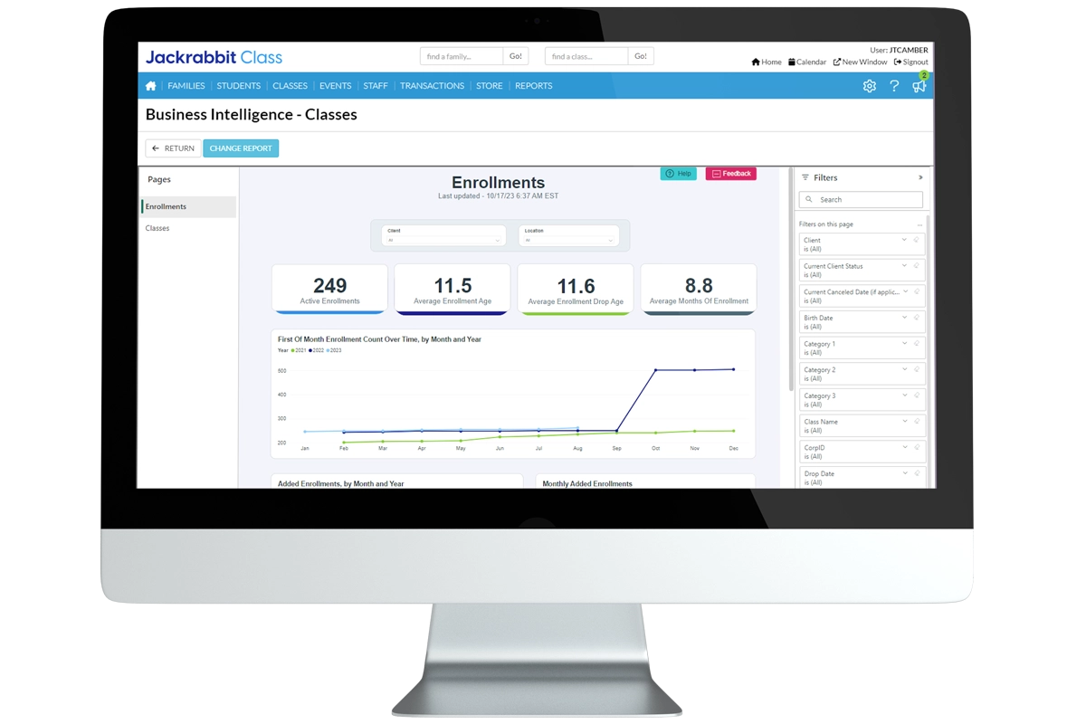 Jackrabbit Class enrollments in business intelligence dashboard desktop screen