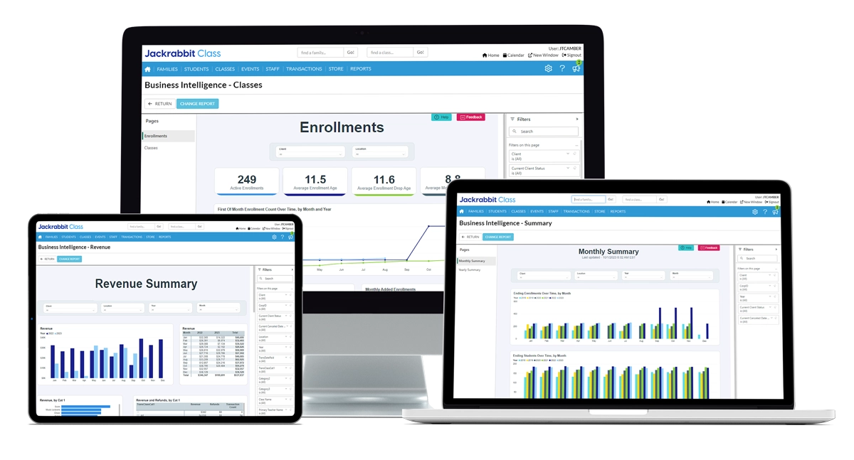 Jackrabbit Class monthly summary in business intelligence dashboard laptop screen, revenue summary in business intelligence dashboard ipad screen and enrollments desktop