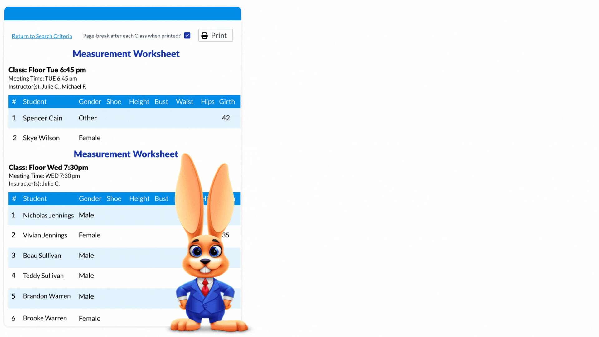 Jackrabbit Class measurement worksheet and apparel screens