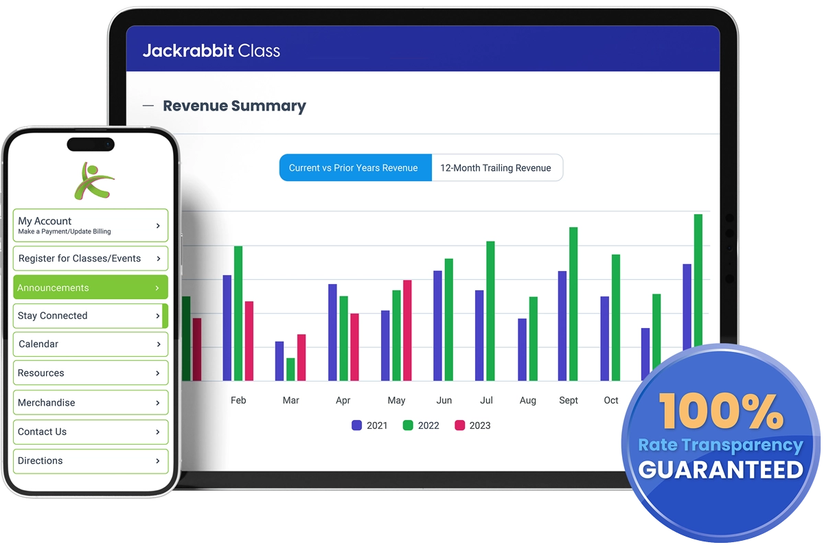 Jackrabbit Class revenue summary screen, mobile app dashboard view, 100% transparency blue badge