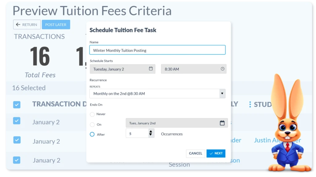 Jackrabbit Class tuition fees screen