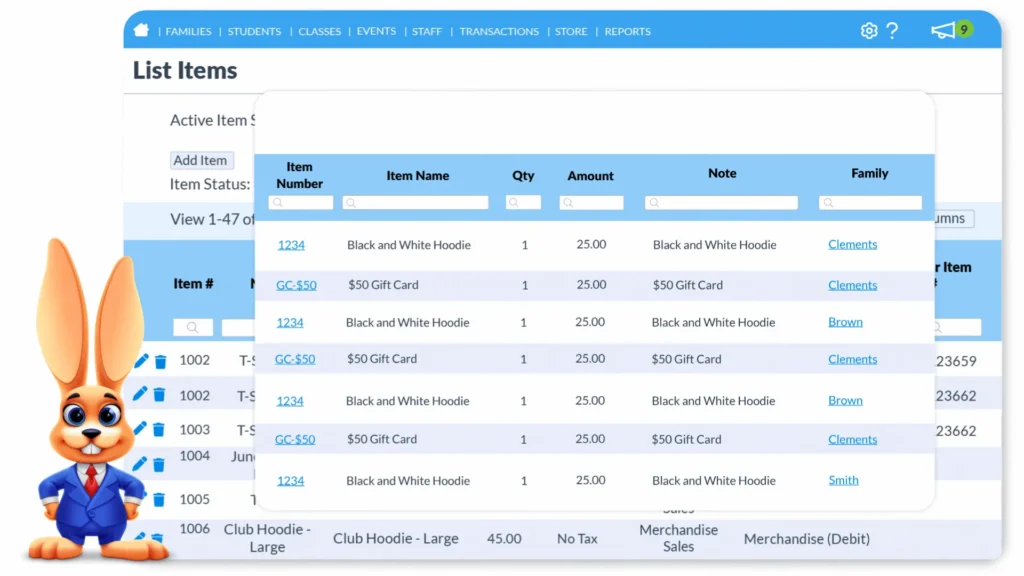 Jackrabbit Class list items and sales detail reports screens