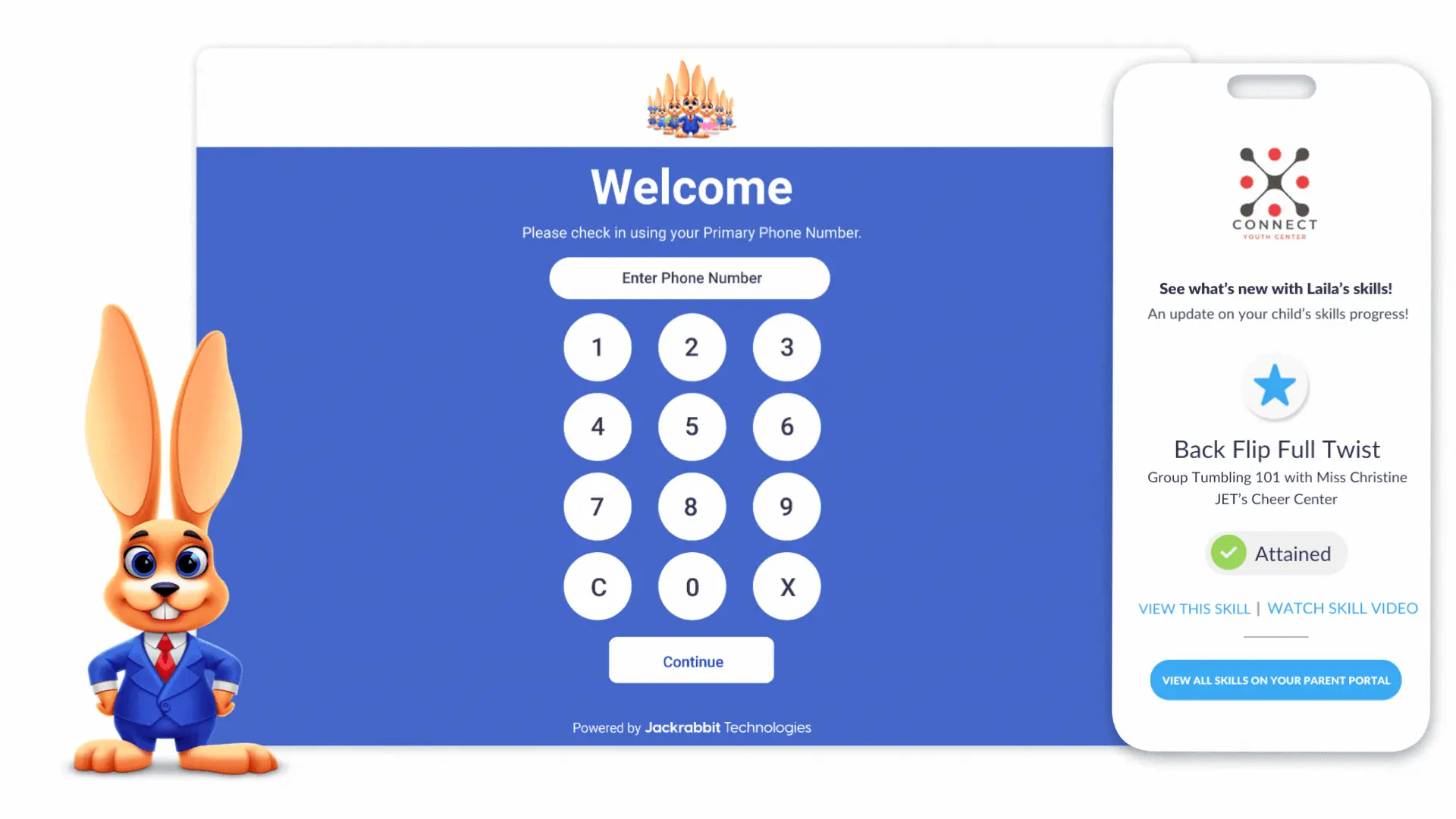 Jackrabbit Class self check in screen and levels screen