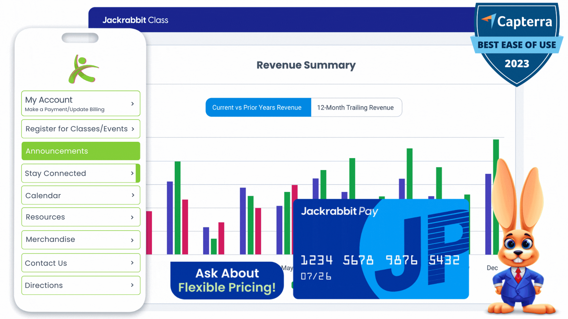 Jackrabbit Class revenue summary screen, mobile app dashboard view, Jackrabbit Pay credit card and Capterra best ease of use badge