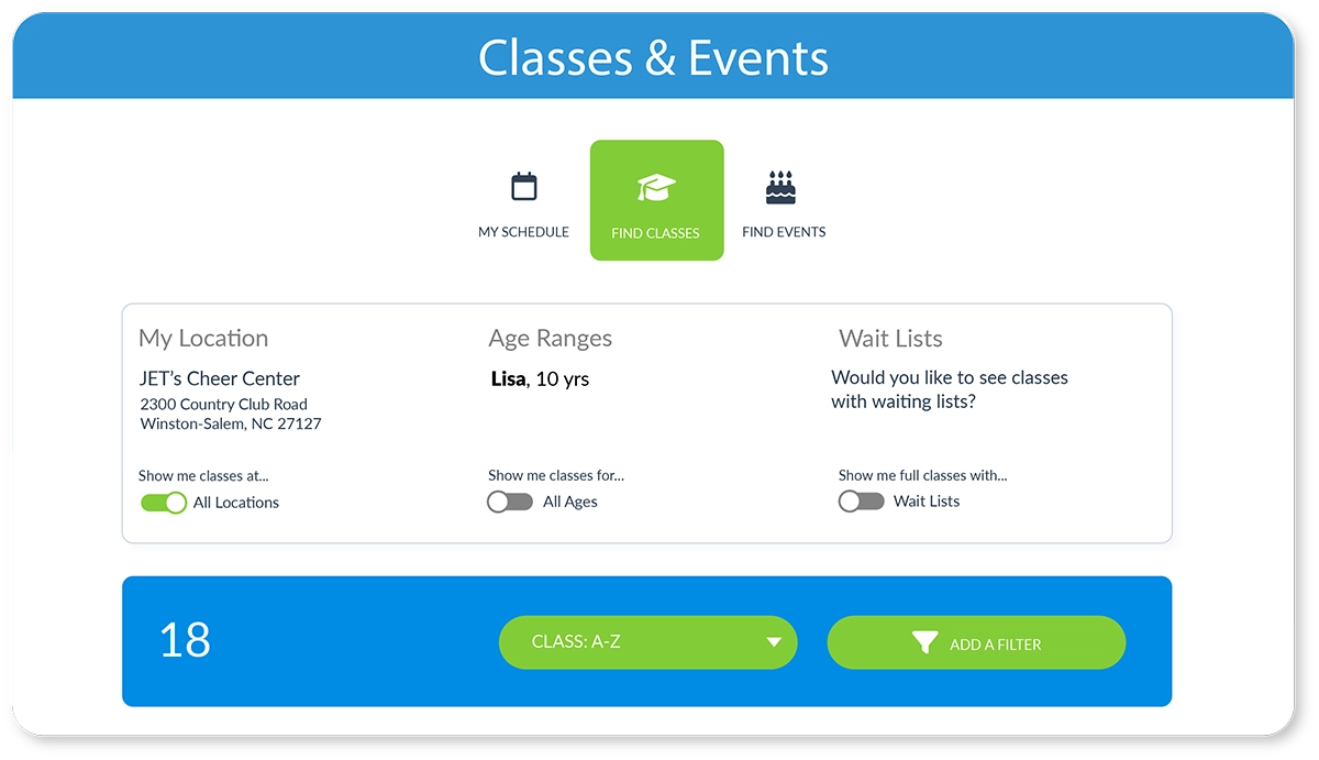 Classes and Events pull out screen in Jackrabbit Class