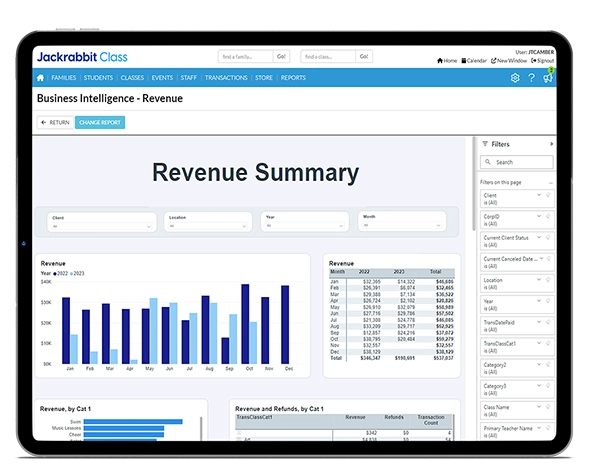 Jackrabbit Class revenue summary in business intelligence dashboard ipad screen
