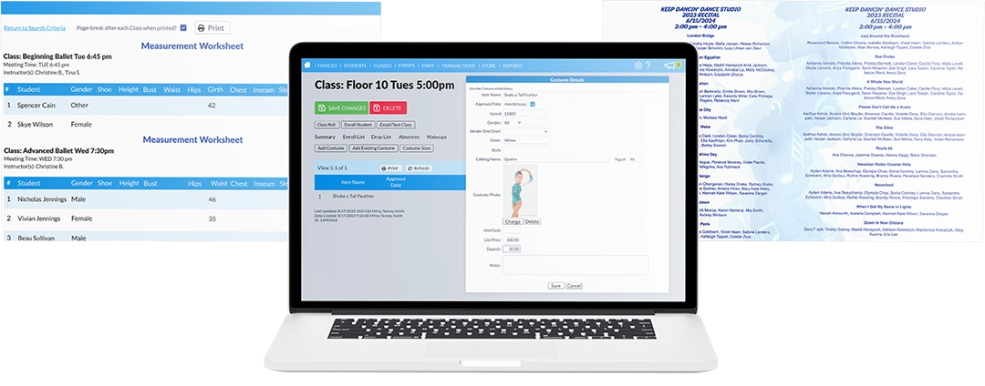 three screens for apparel management laptop, measurement and recital worksheets