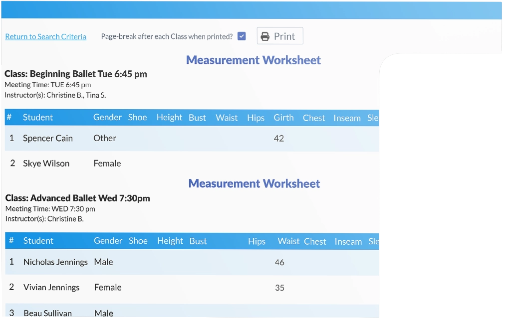 Jackrabbit Class apparel measurement worksheets mockups