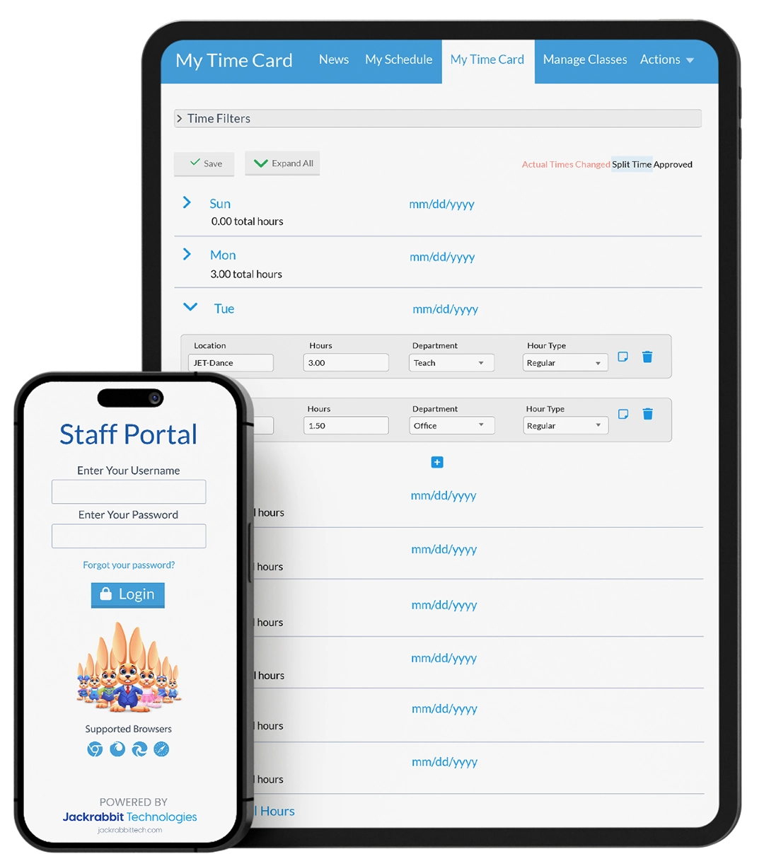 staff portal mobile, staff time card screen tablet
