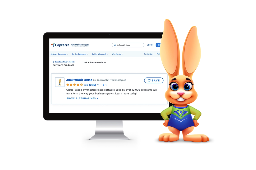 Jackrabbit Class Capterra review screen on desktop with gymnastics bunny in leotard