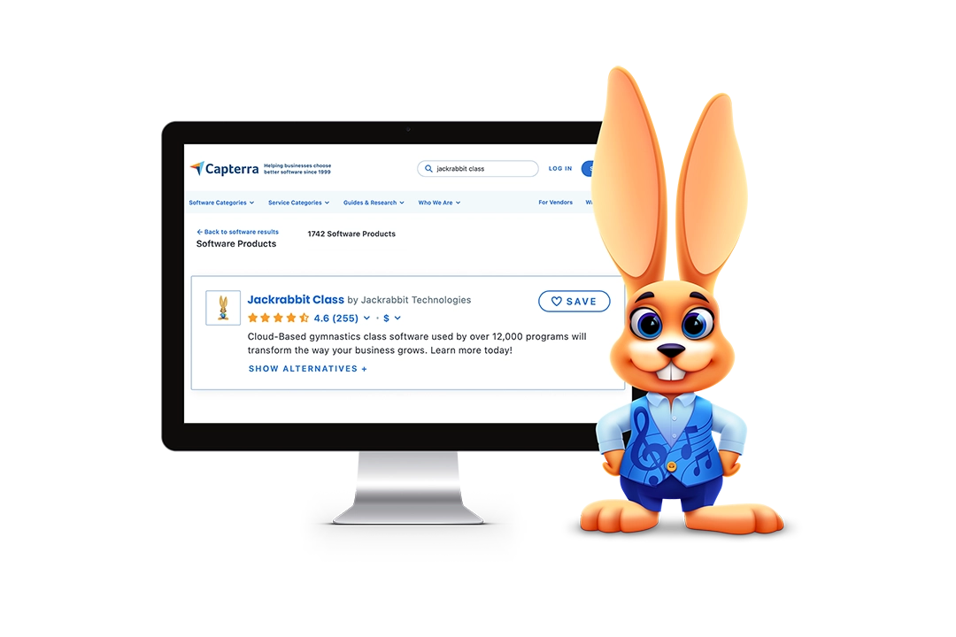 Jackrabbit Class Capterra review screen on desktop with muic bunny in musical suit