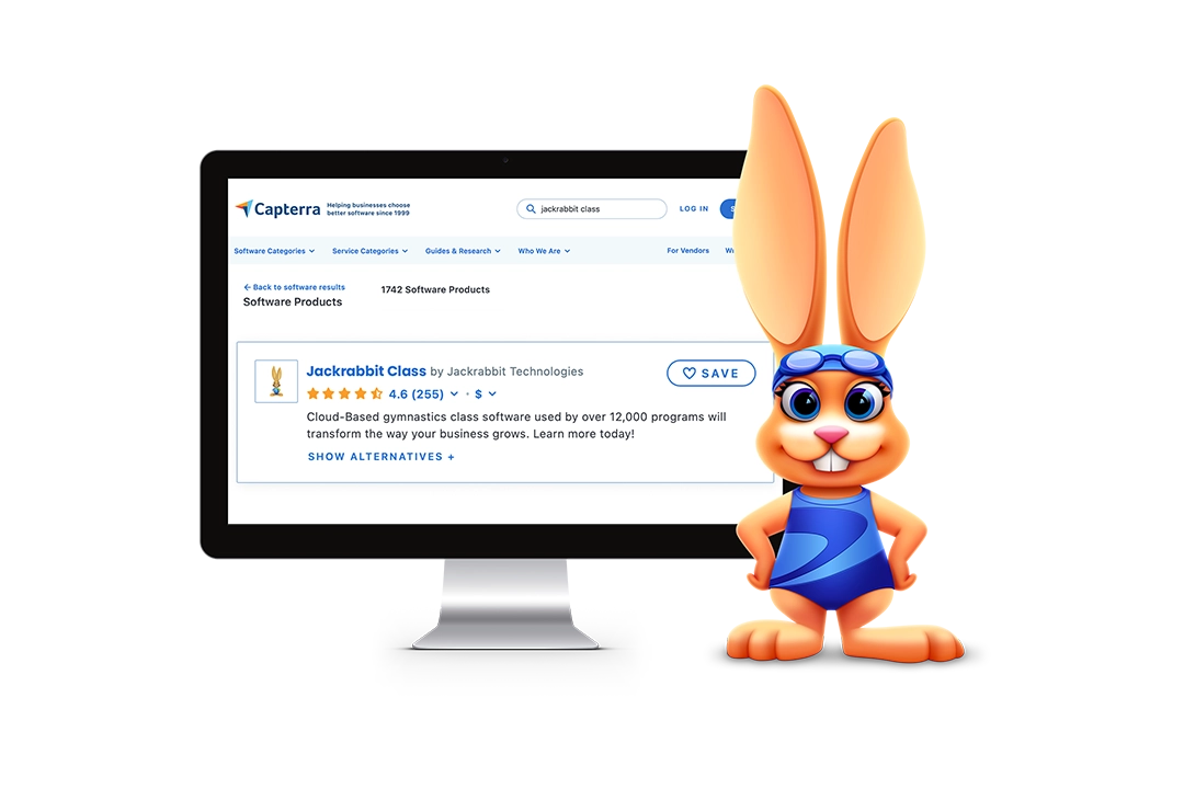 Jackrabbit Class Capterra review screen on desktop with swim bunny in swimsuit