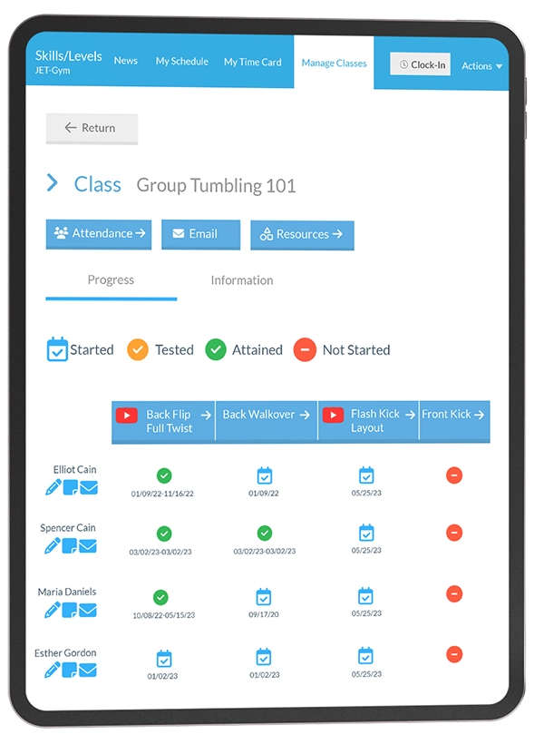 group tumbling student skill tracking tablet screen