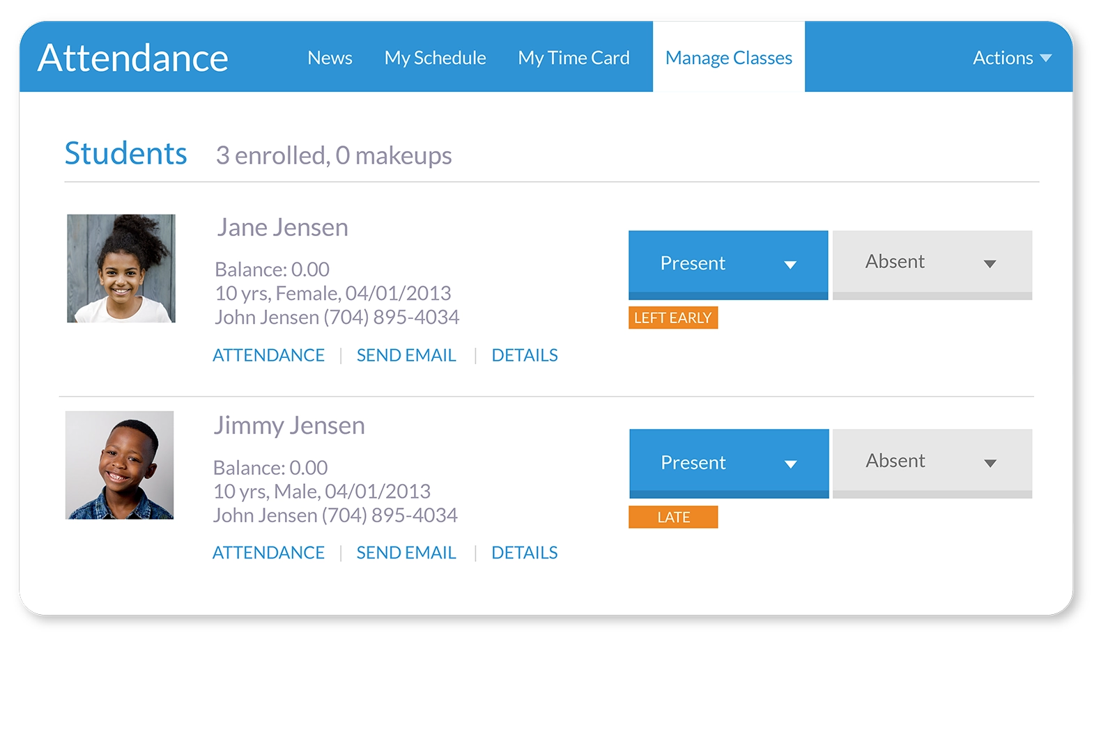 Attendance tracking pull out screen in Jackrabbit Class