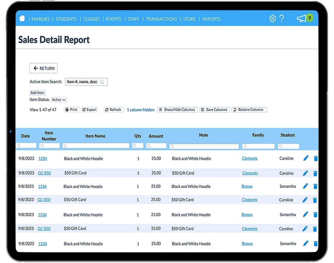 Jackrabbit Class Sales Detail Report screen on ipad