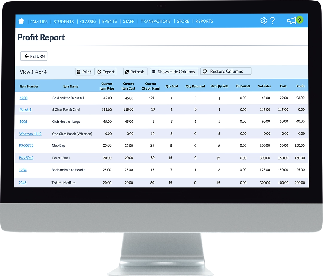 Jackrabbit Class Profit Report screen on desktop