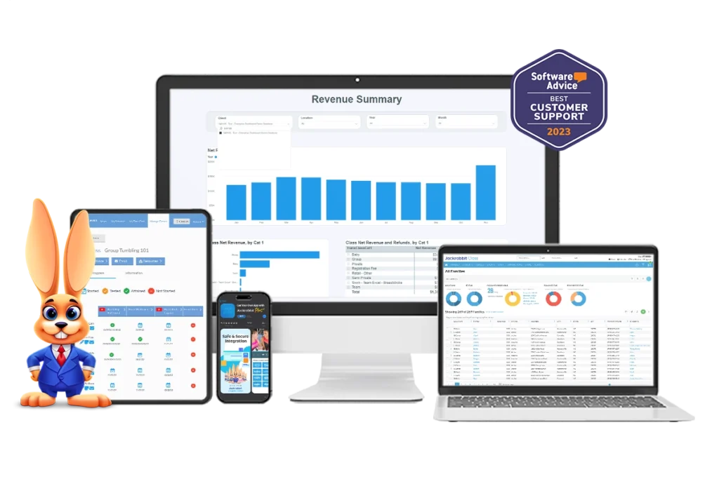 Jackrabbit Tech bunny, skill levels ipad, mobile plus phone screen, revenue summary dashboard desktop, all families laptop screen, best customer support 2023 badge