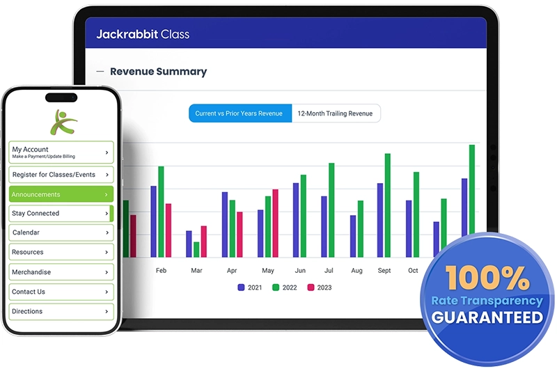 Jackrabbit Class revenue summary screen, mobile app dashboard view, 100% transparency blue badge