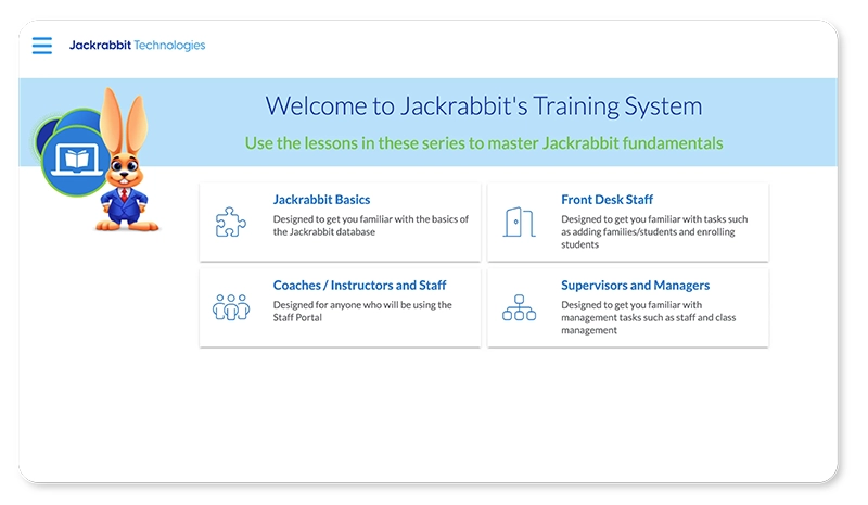 Jackrabbit Technologies help and training screen