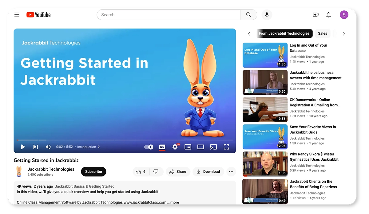 Jackrabbit Technologies youtube video screen