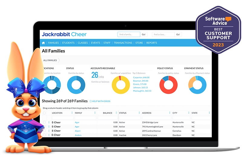Jackrabbit Cheer all families screen with best customer support badge