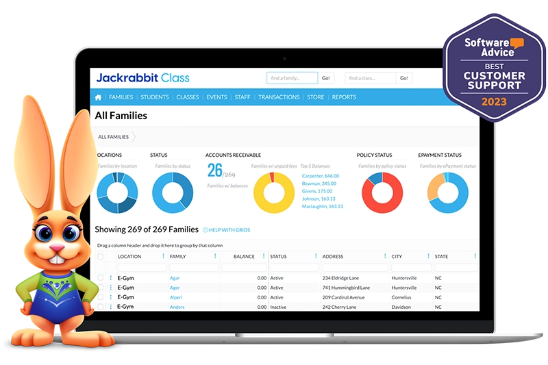 Jackrabbit Class all families screen with best customer support badge