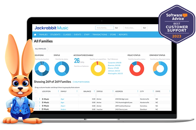 Jackrabbit Music all families screen with best customer support badge