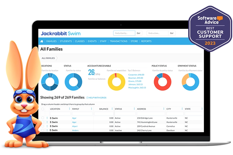 Jackrabbit Swim all families screen with best customer support badge
