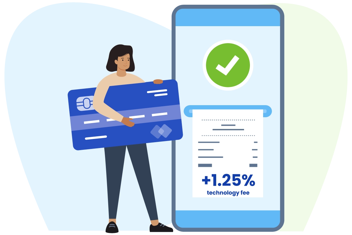 woman holding card with mobile screenshot representing transaction fees