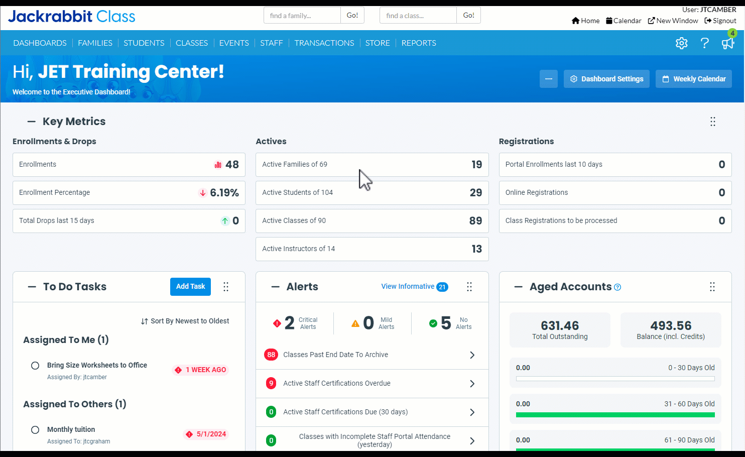 Jackrabbit's Executive Dashboard Drag and Drop Feature
