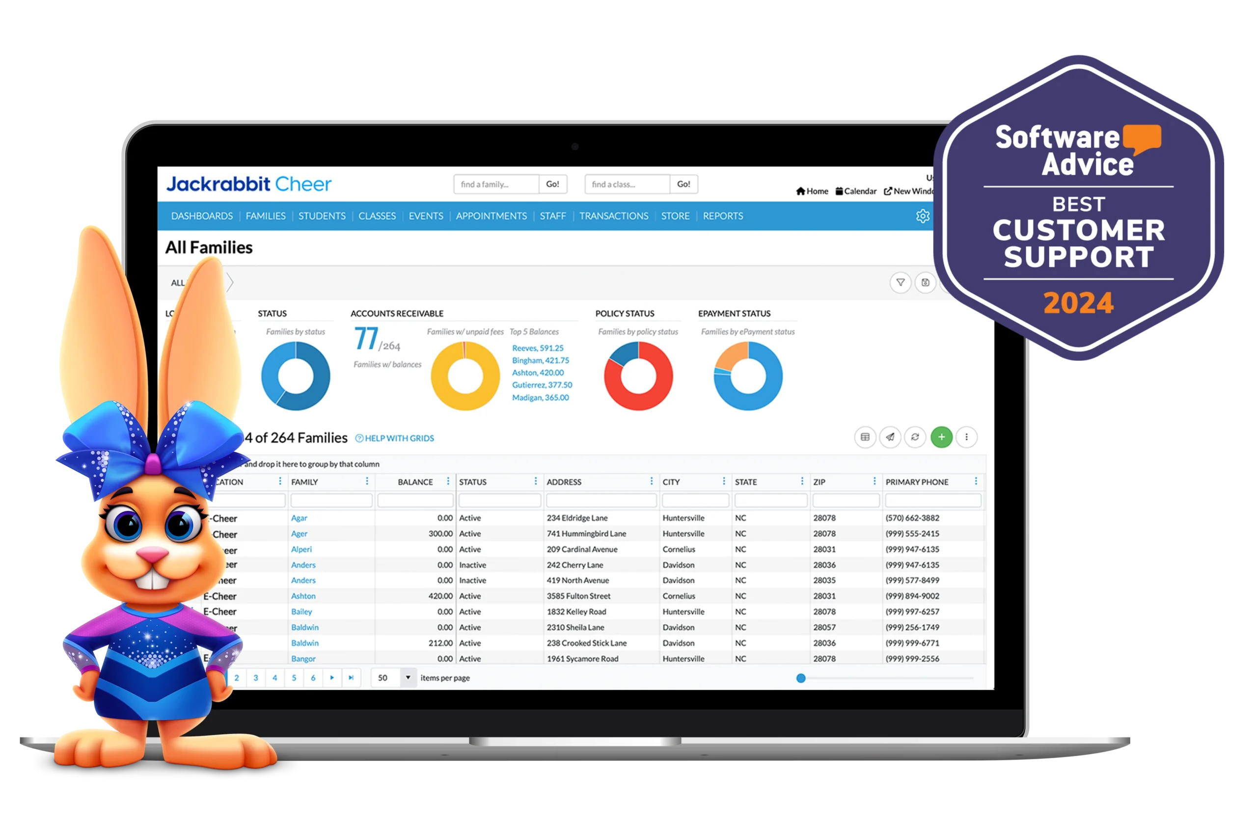Jackrabbit Cheer all families screen with best customer support badge