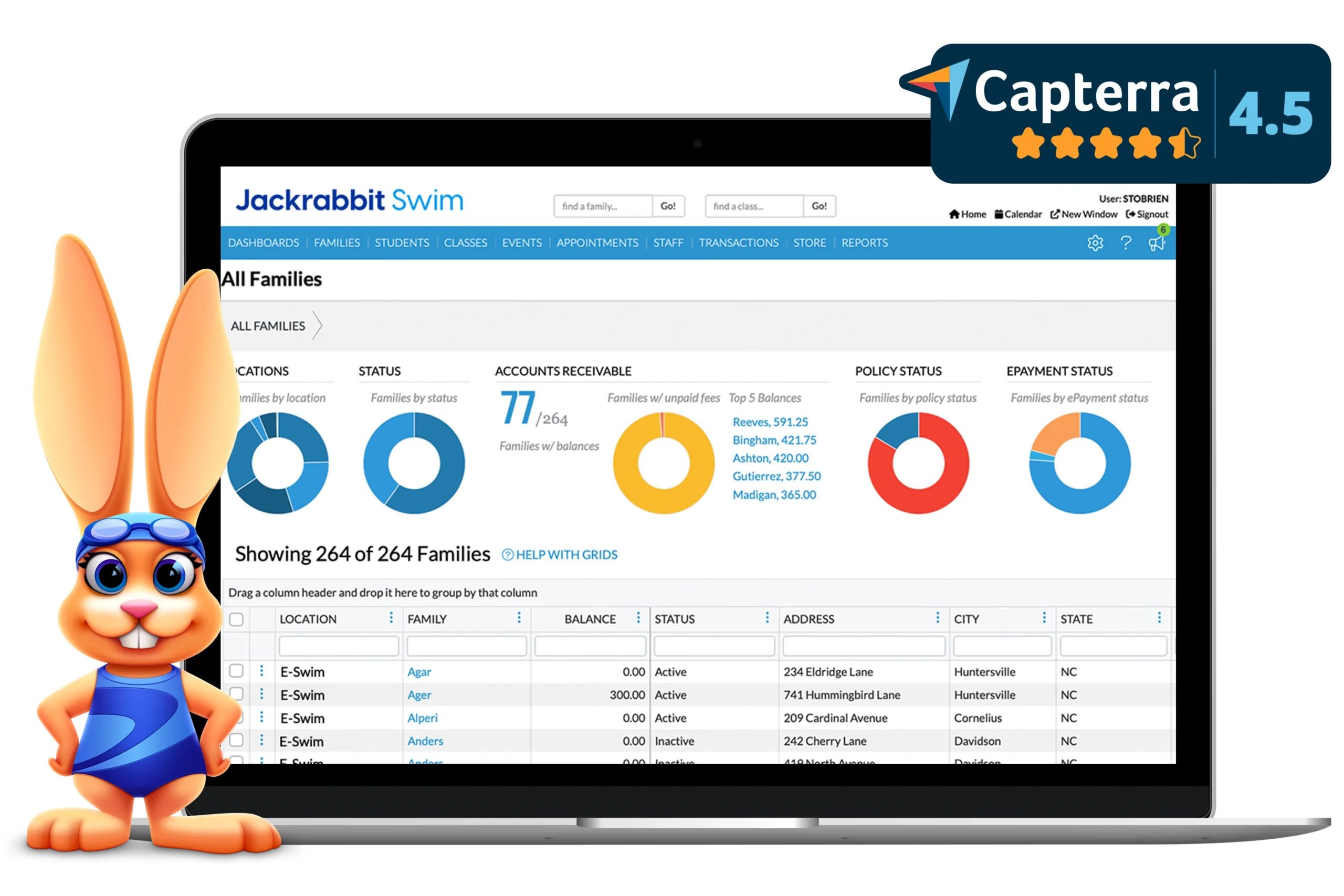 Jackrabbit Swim all families screen with capterra rating badge